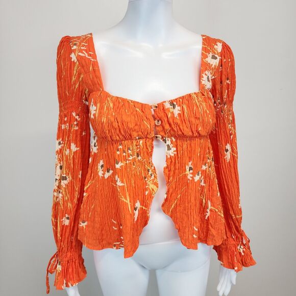 Urban Outfitters Floral Top Size XS Square Neck Orange Long Sleeve Smocked Y2K - Picture 1 of 16
